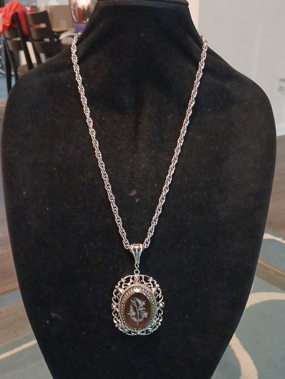 Whiting & Davis Silver-Tone Filigree Cameo Pendant Necklace